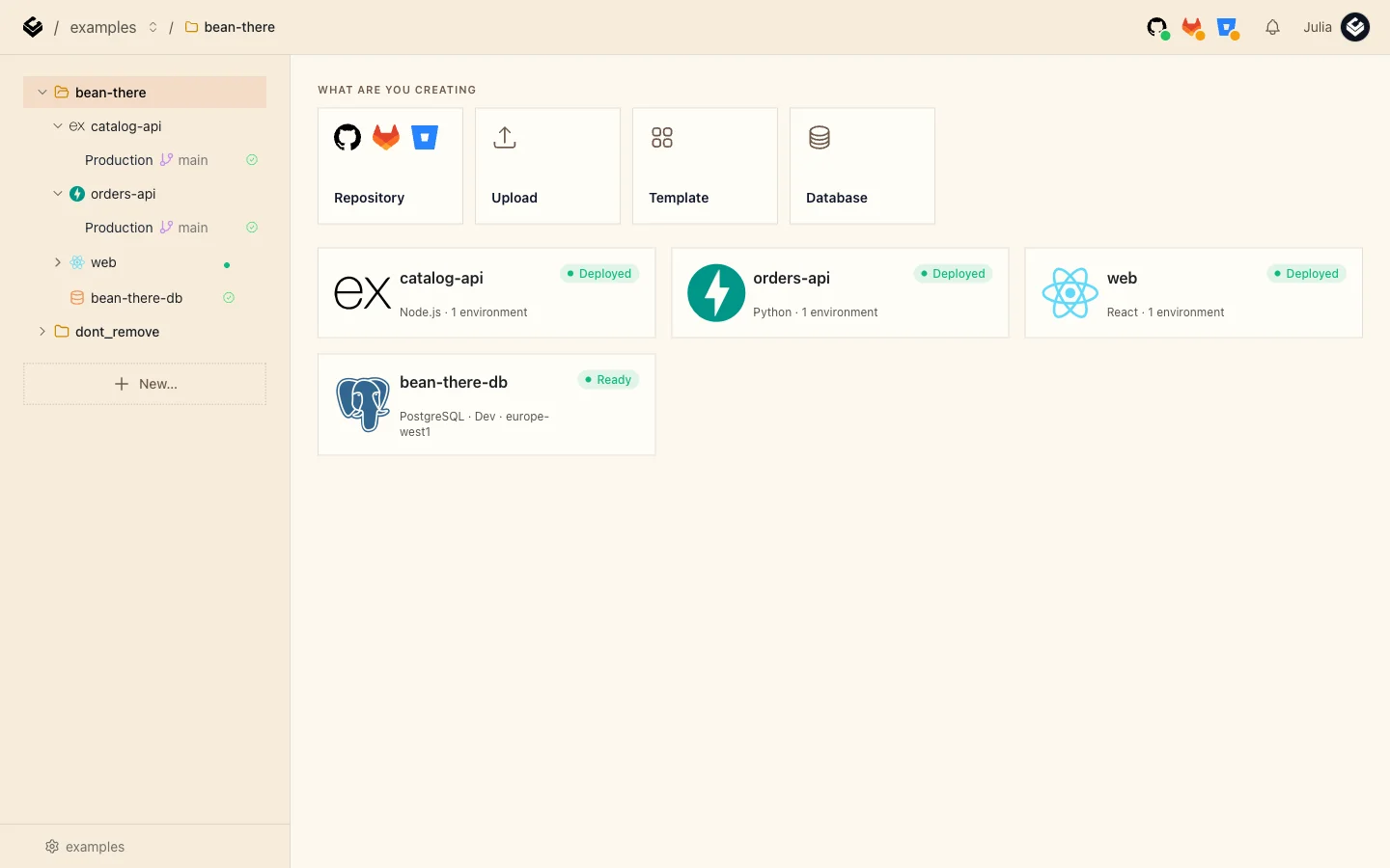 The finished project in the Light Cloud console: catalog-api, orders-api and web deployed, and bean-there-db ready