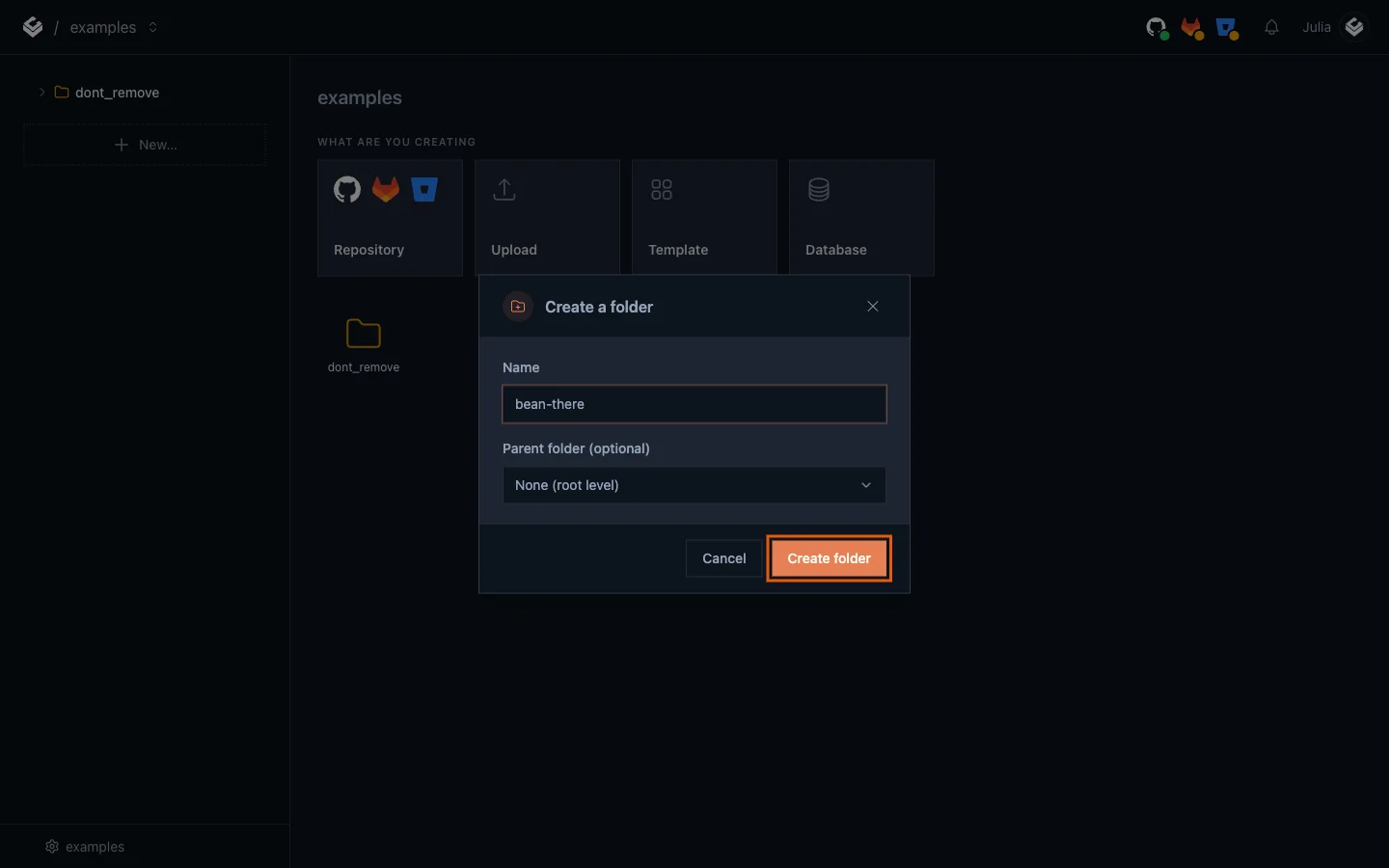 The Create a folder dialog with the name bean-there and the Create folder button highlighted