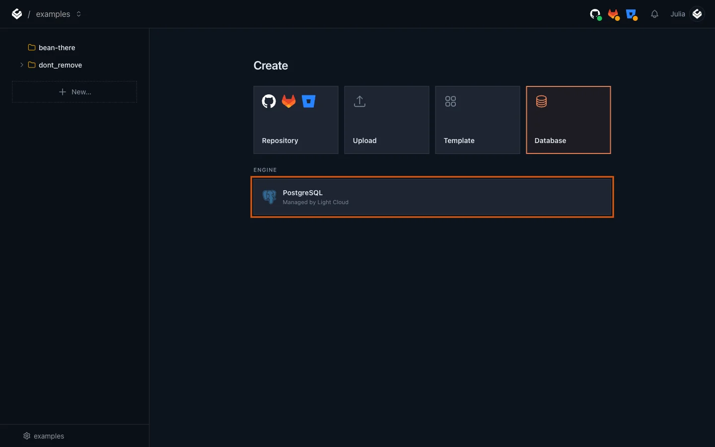 The Create page with the Database tile selected and the PostgreSQL engine highlighted