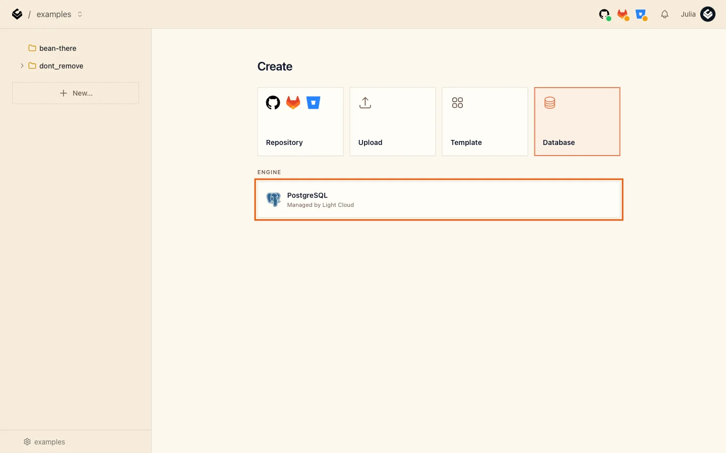 The Create page with the Database tile selected and the PostgreSQL engine highlighted