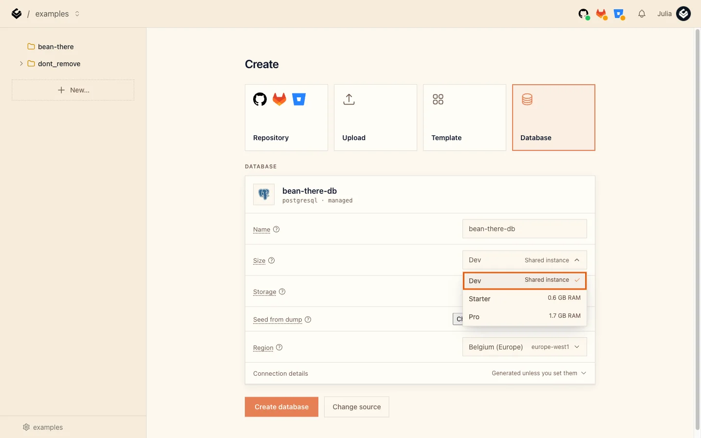 The Size dropdown open with Dev, Shared instance highlighted, and Starter and Pro below it