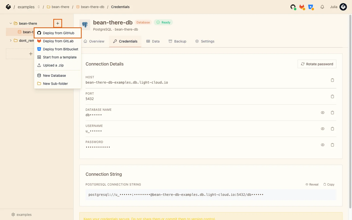 The bean-there folder menu with Deploy from GitHub highlighted
