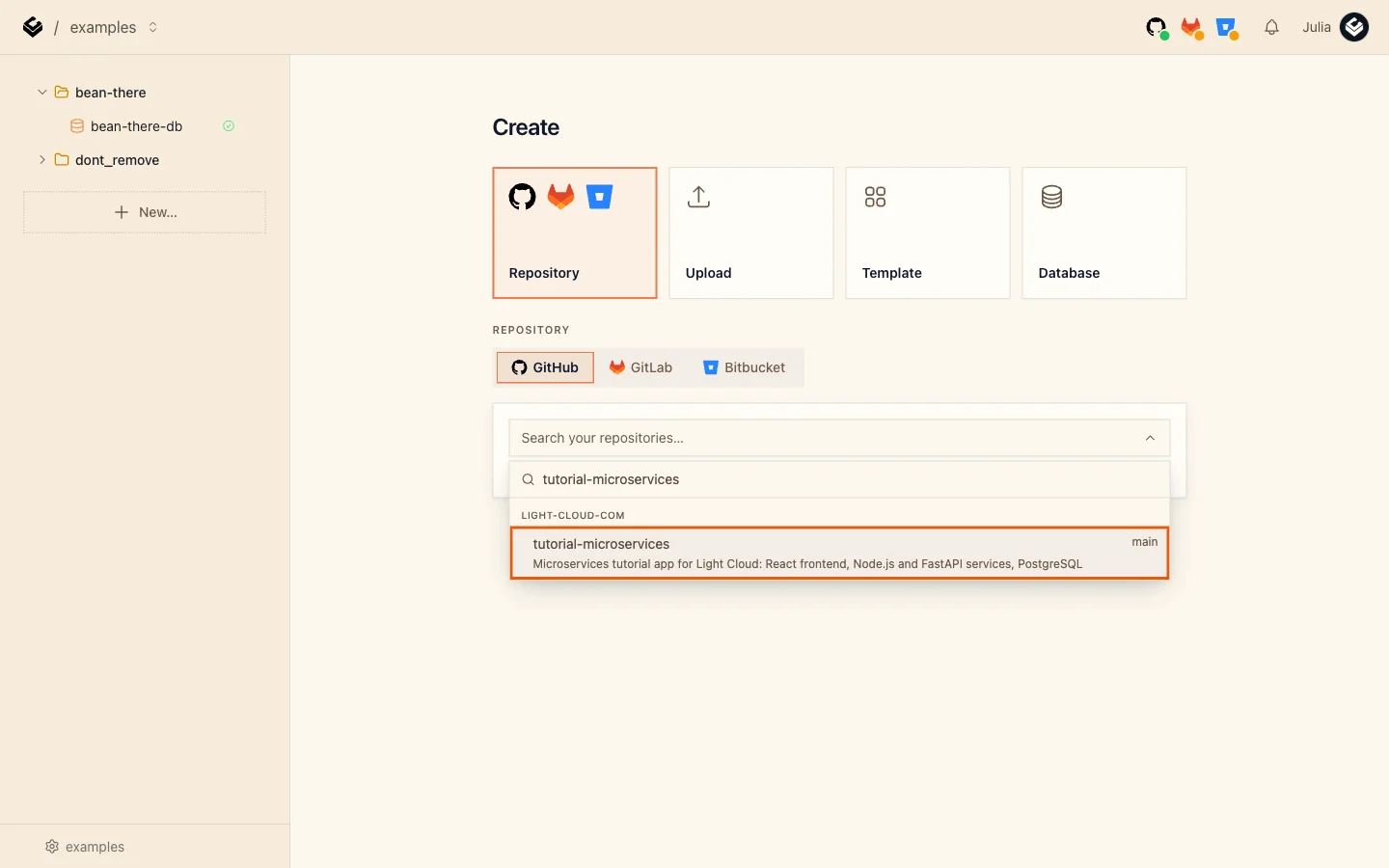 The repository search showing tutorial-microservices highlighted