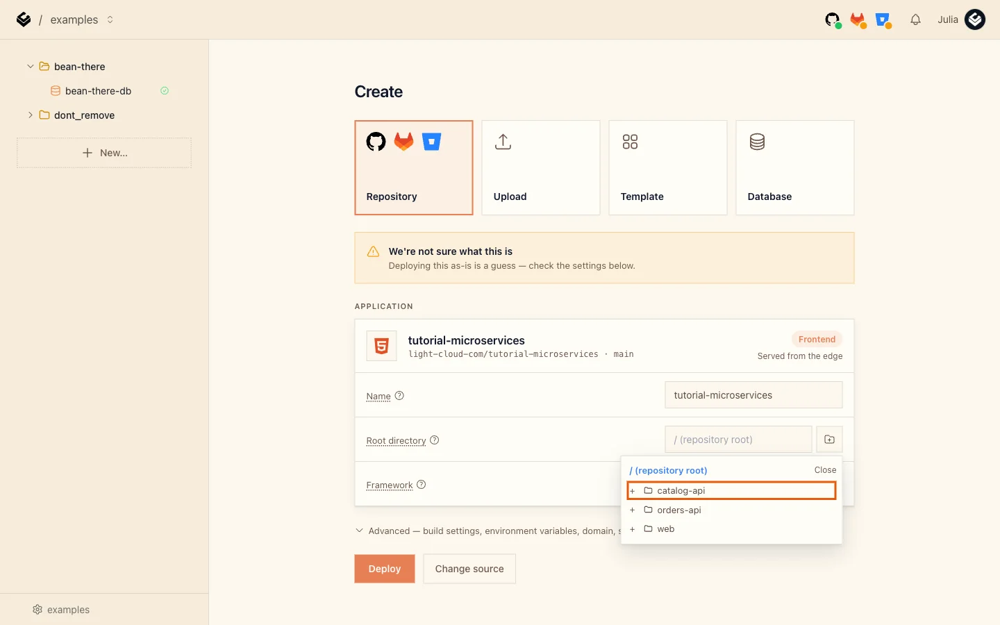 The folder picker listing catalog-api, orders-api and web, with catalog-api highlighted