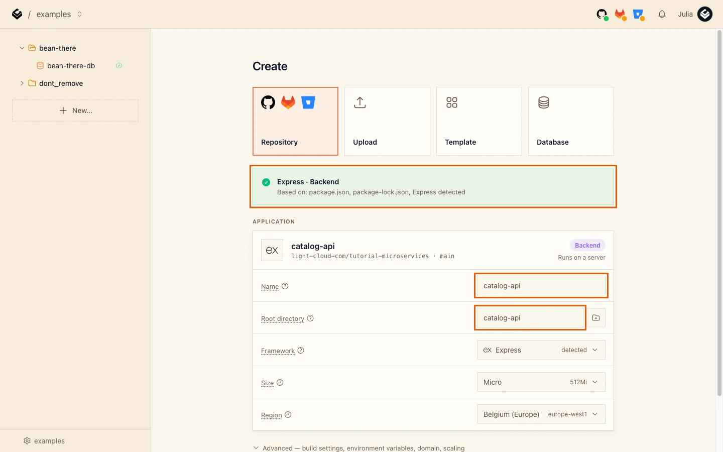 The detection banner Express Backend, with Name set to catalog-api and Root directory set to catalog-api