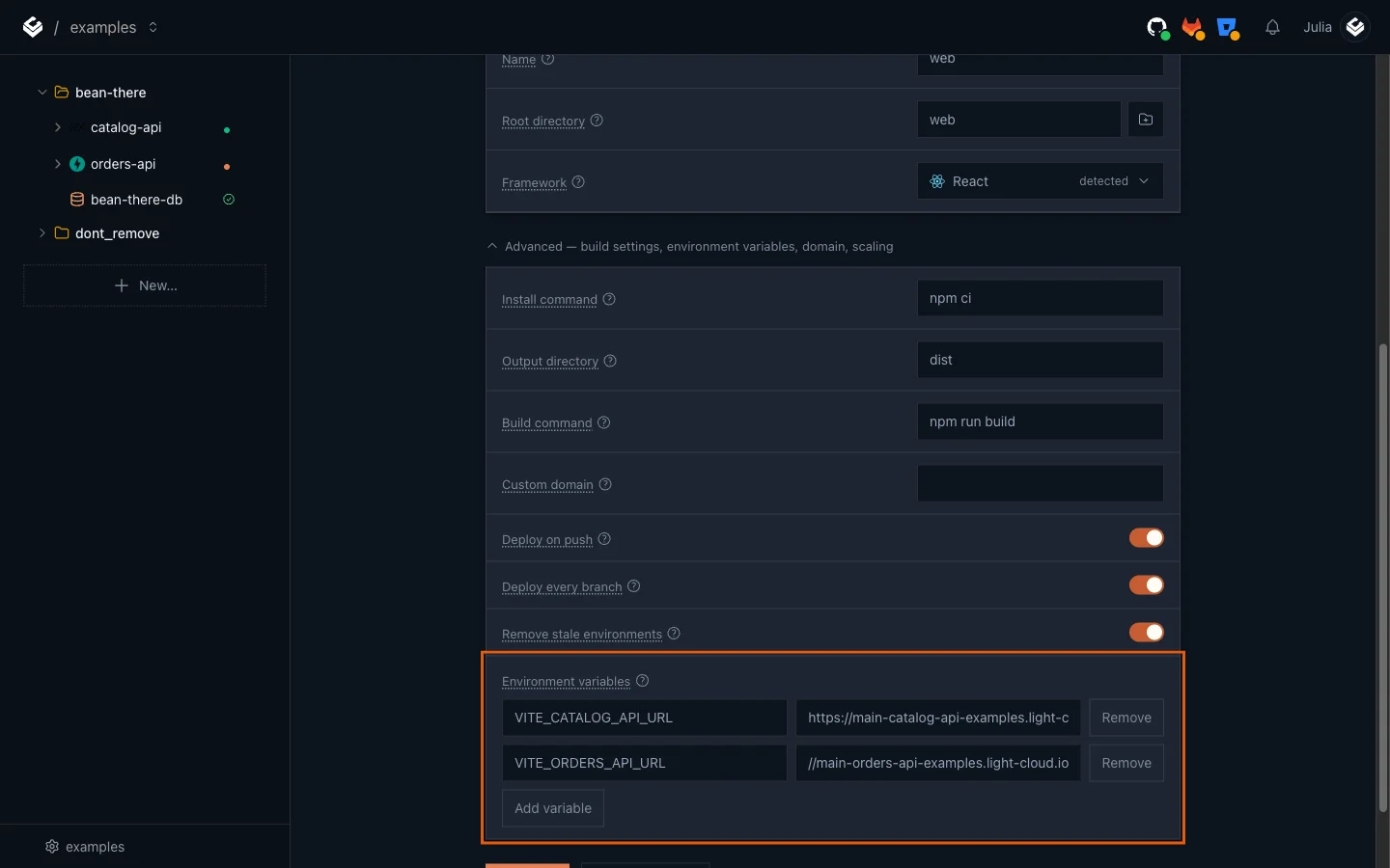 The web app's Environment variables with VITE_CATALOG_API_URL and VITE_ORDERS_API_URL