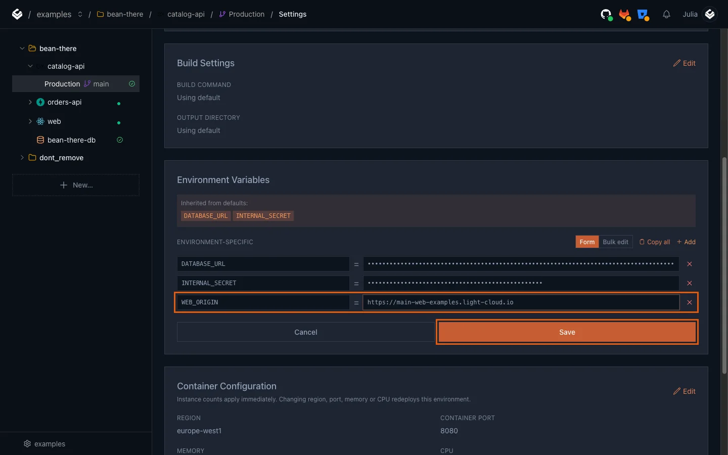 The Environment Variables editor with WEB_ORIGIN added and the Save button highlighted