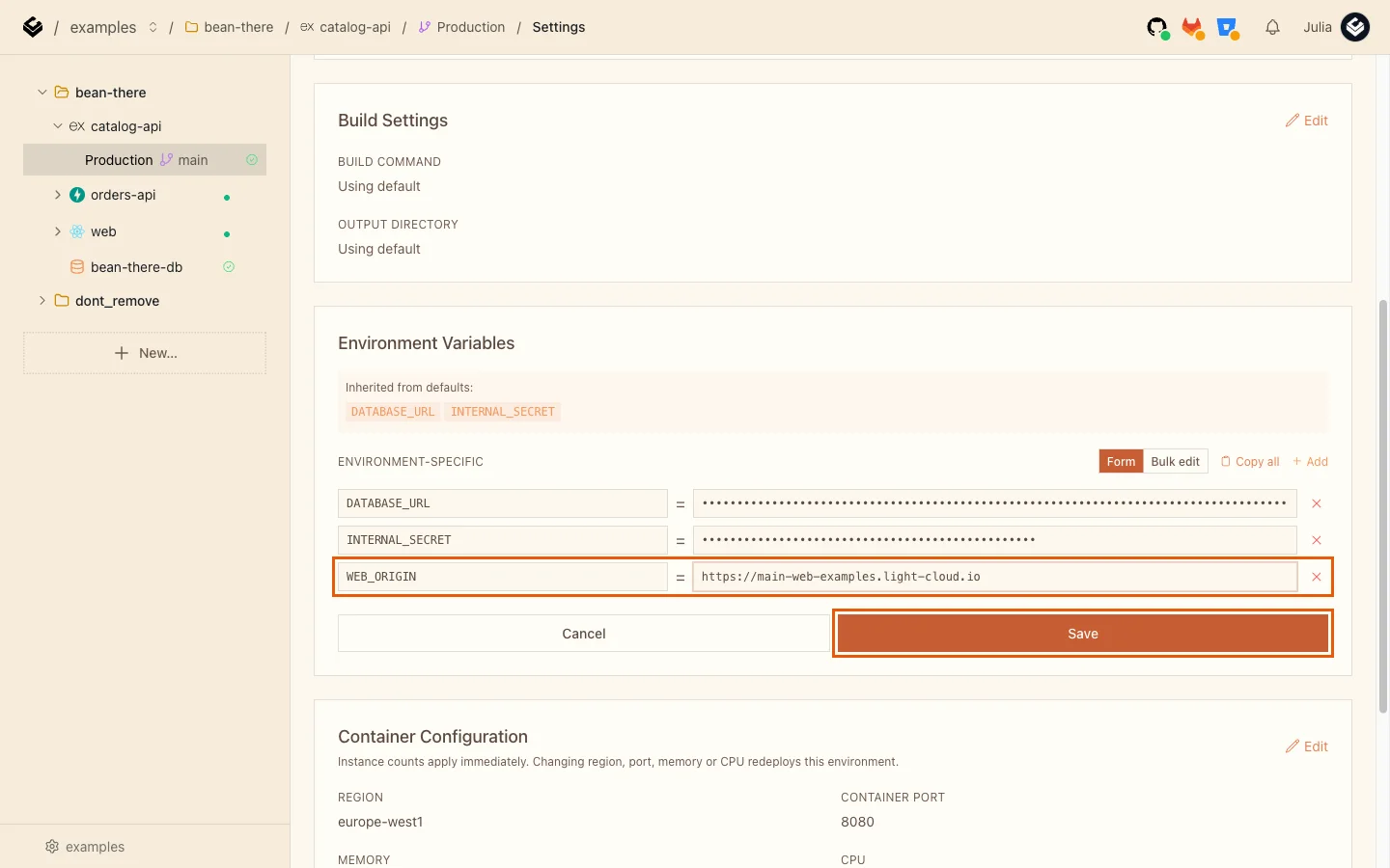 The Environment Variables editor with WEB_ORIGIN added and the Save button highlighted