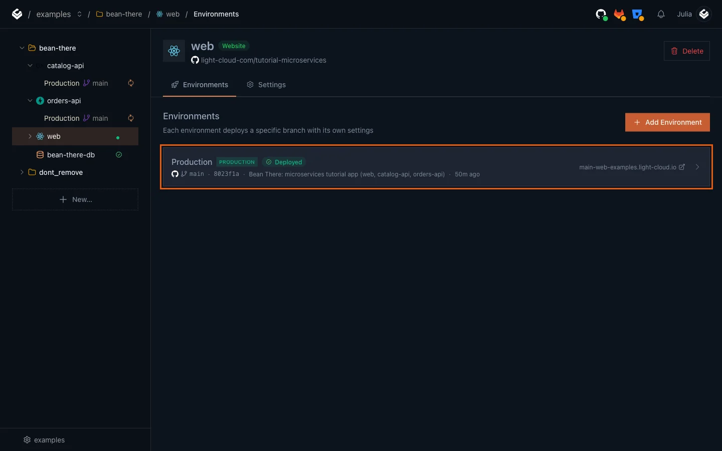 The web app's Production environment still on the Part 1 commit 8023f1a after the push