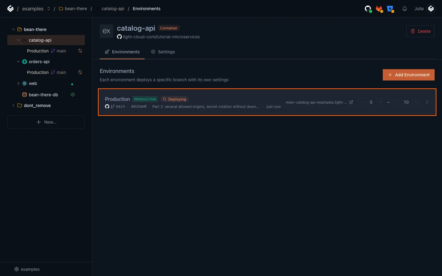catalog-api's Production environment deploying the Part 2 commit