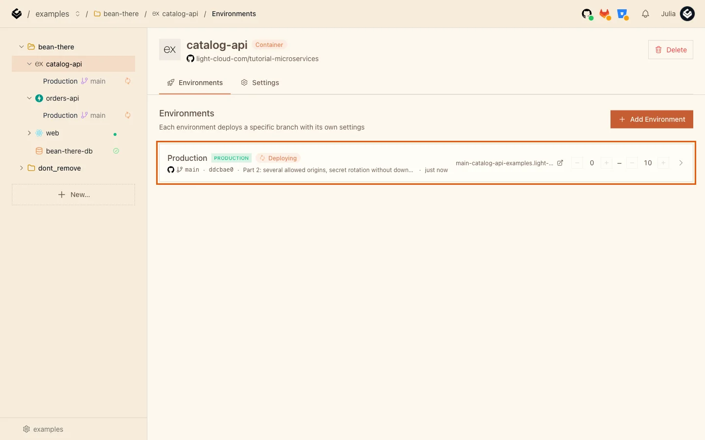 catalog-api's Production environment deploying the Part 2 commit