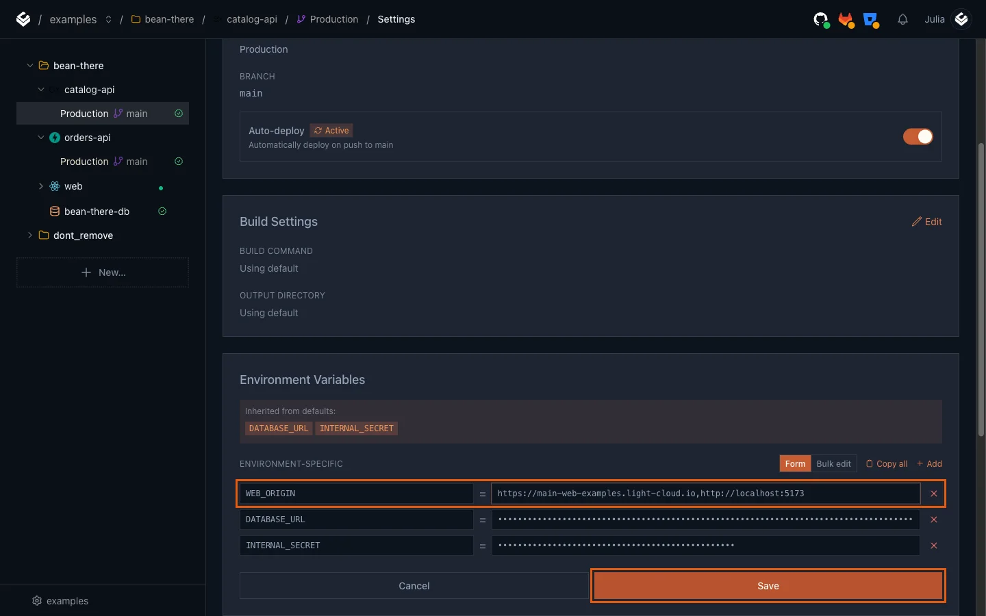 The WEB_ORIGIN variable with two origins and the Save button highlighted