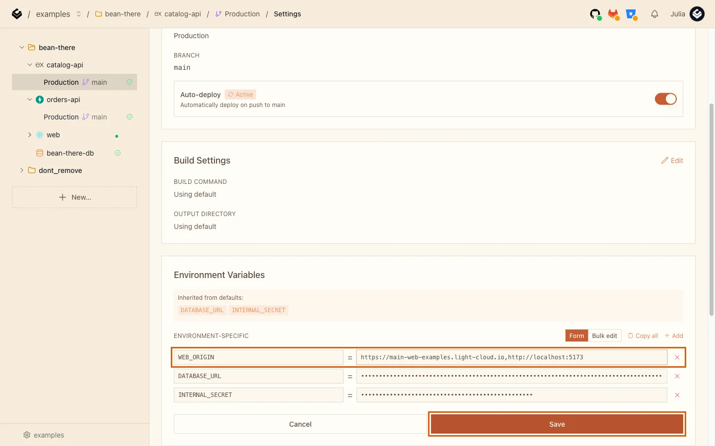 The WEB_ORIGIN variable with two origins and the Save button highlighted