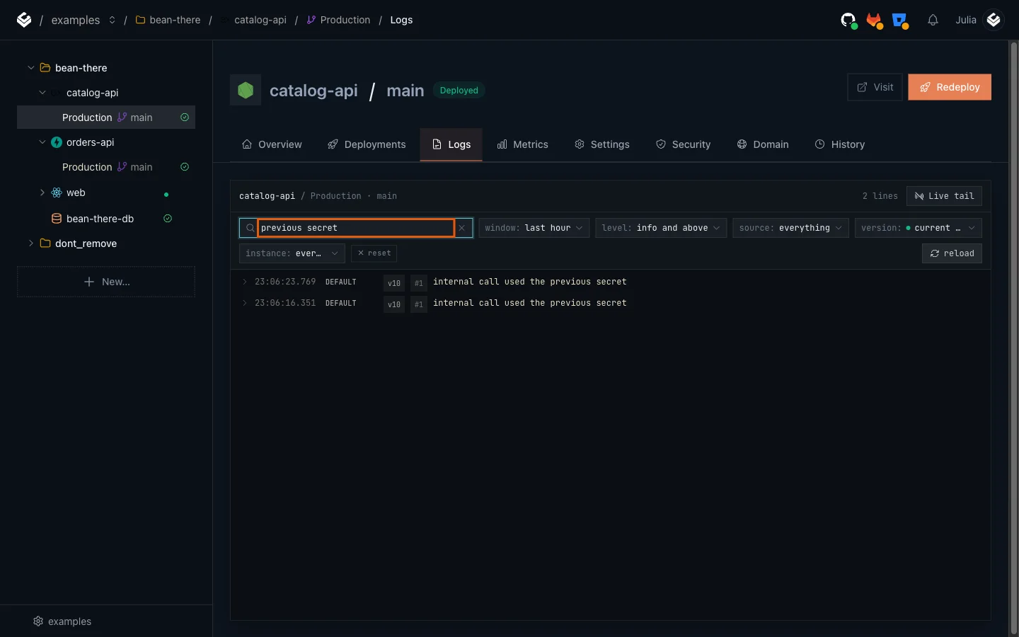 catalog-api's Logs tab filtered to lines saying internal call used the previous secret