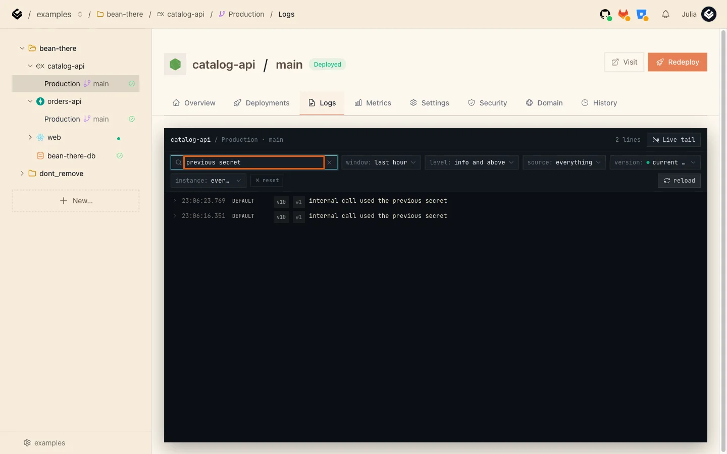 catalog-api's Logs tab filtered to lines saying internal call used the previous secret