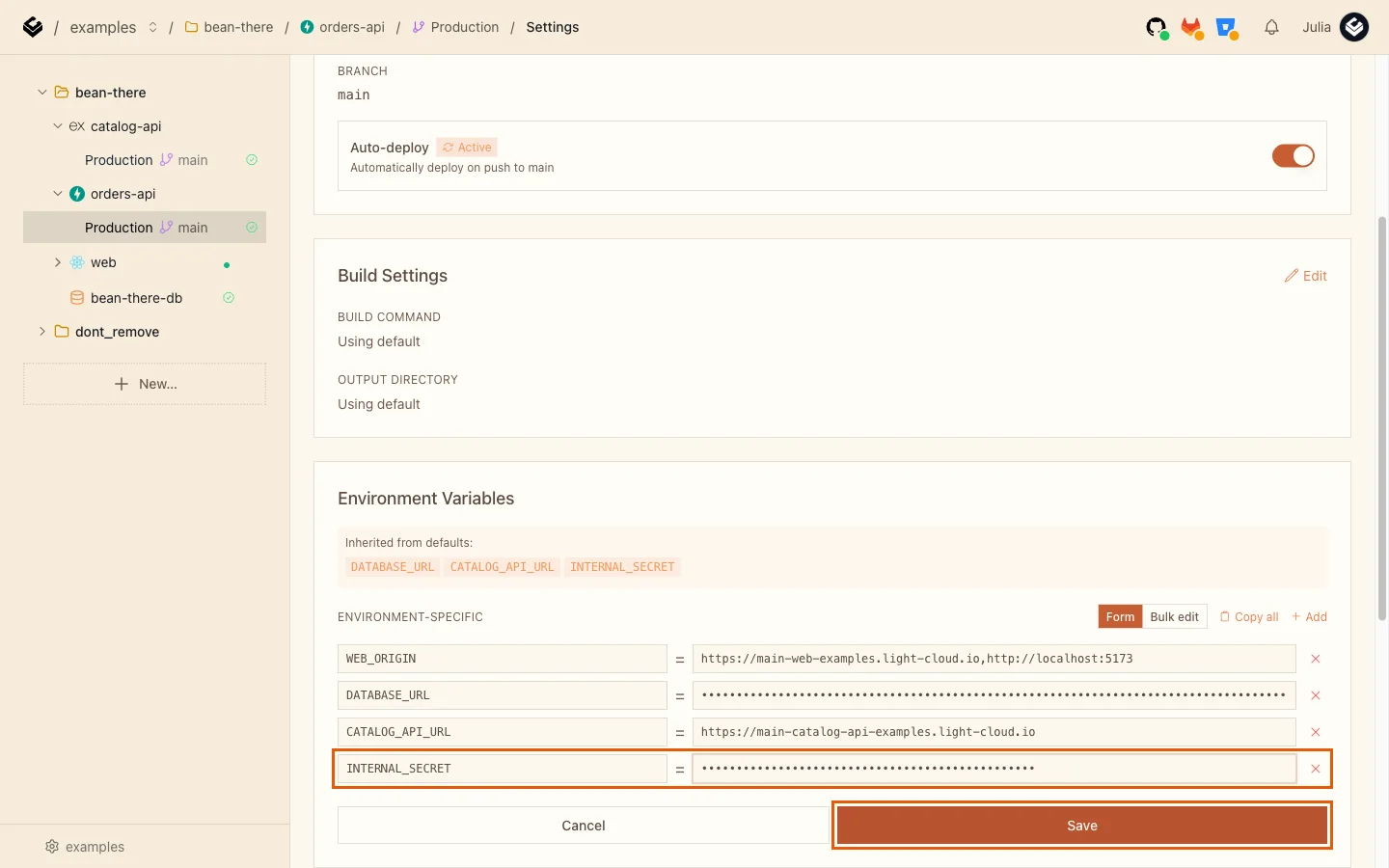 orders-api's INTERNAL_SECRET highlighted with the Save button