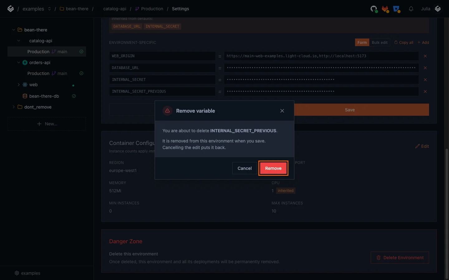 The Remove variable dialog for INTERNAL_SECRET_PREVIOUS with the Remove button highlighted