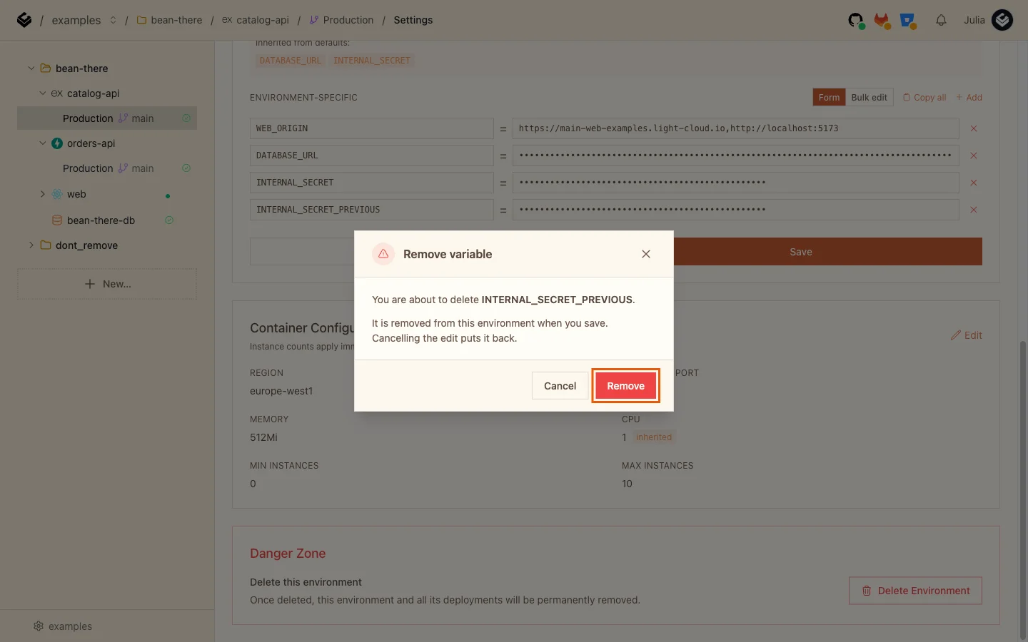 The Remove variable dialog for INTERNAL_SECRET_PREVIOUS with the Remove button highlighted